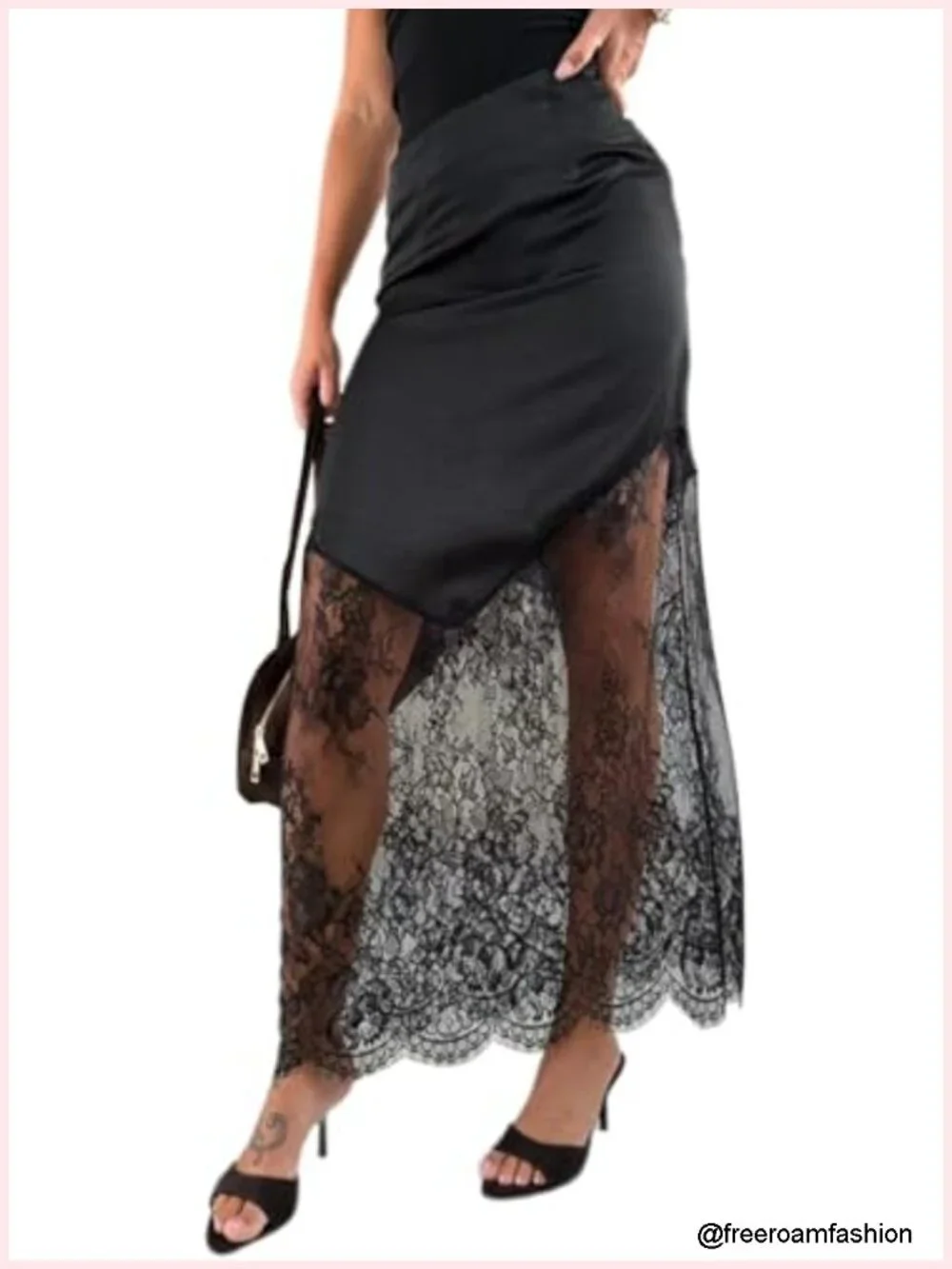 Satin Lace Patchwork High Waist A-Line Maxi Skirt Y2K Flowy Wrap